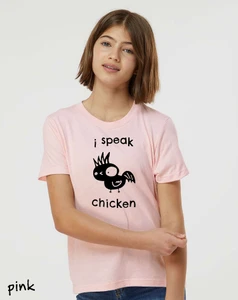 Youth wearing funny i speak chicken t shirt with cute bird drawing pink tee.