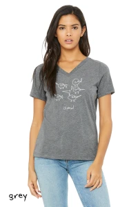 funny charge t shirt minimalist science nerd graphic with cute characters. Printed on Bella Canvas V neck grey tee.