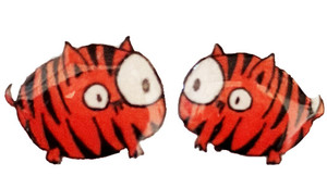 Small handmade tiger stud earrings featuring orange tiger characters with black stripes, wide expressive eyes, and simple cartoon-style faces on a clean background.