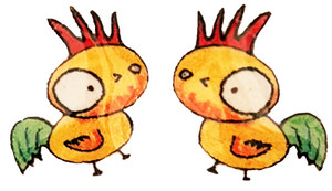 Small handmade rooster stud earrings featuring yellow rooster characters with red combs, green tail feathers, and oversized expressive eyes on a clean background.
