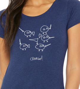Close up of funny charge t shirt minimalist science nerd graphic with cute characters.