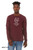 Man wearing maroon Keep It Together monster long sleeve t-shirt with wide-eyed character and repeating mantra text.
