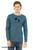 Model wearing deep teal parent and baby bird graphic tee symbolic design.