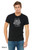 Man wearing black spring garden t-shirt with playful flower design and hidden monster character.