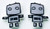 Small handmade robot stud earrings featuring simple gray boxy robot characters with round eyes and outstretched arms on a clean background.