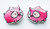 Small handmade pig stud earrings with pink animal design and expressive eyes shown on a clean background.