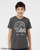 Youth wearing Eat Local monster tee charcoal.