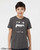 Funny calm cats charcoal youth t shirt. Person with box of cats on head minimalist graphic tee.