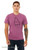 Model wearing minimal monster graphic t-shirt with triangle character and Only Good Vibes text.