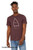 Heather maroon Only Good Vibes monster t-shirt with minimalist triangle creature illustration.