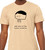Close-up of simple hand-drawn character illustration with humorous existential phrase on beige tee.