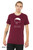 Model wearing  image of simple hand-drawn character illustration with humorous existential phrase on maroon tee.