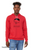 Minimalist cartoon person with text “bad case of the human condition” printed on red graphic hoodie.