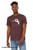 Model  wearing cute angry monster illustration with text “means i love you” printed on soft heather maroon graphic tee.
