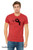 Model  wearing cute angry monster illustration with text “means i love you” printed on soft heather red graphic tee.