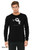 Model wearing black Rawr Means I Love You monster long sleeve tee with bold white illustration.