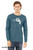 Man wearing deep teal Rawr Means I Love You monster long sleeve tee with bold white illustration.