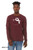 Model wearing maroon Rawr Means I Love You monster long sleeve tee with bold white illustration.