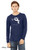 Model wearing navy Rawr Means I Love You monster long sleeve tee with bold white illustration.