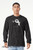 Model wearing charcoal Rawr Means I Love You monster long sleeve tee with bold white illustration.