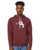 White hand-drawn cartoon monster with sharp teeth saying “rawr” on a heather maroon hoodie with the phrase “means i love you.”
