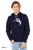 Model wearing navy Rawr Means I Love You monster hoodie with bold white illustration.