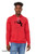 Black hand-drawn cartoon monster with sharp teeth saying “rawr” on a heather red hoodie with the phrase “means i love you.”
