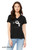 Woman wearing  cute angry monster illustration with text “means i love you” printed on soft solid black graphic tee.