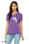 Woman wearing  cute angry monster illustration with text “means i love you” printed on soft grey purple tee.
