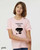girl in pink screen printed whimsical Existential Crisis Cure cute dog with baseball graphic t-shirt