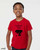 Boy in red screen printed funny Existential Crisis Cure cute dog with baseball graphic t-shirt