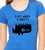 Close-up of spiky cartoon monster illustration with humorous polite rebellion quote on blue women's fitted tee.