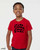 Youth wearing red monster graphic tee showing a crowd of quirky monster characters.