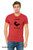 Man wearing quirky animal humor shirt i speak chicken design on red tee.