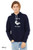 Man wearing quirky animal humor shirt i speak chicken design on navy hoodie.
