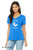 Woman wearing funny i speak chicken t shirt with cute bird drawing blue tee.
