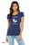 Woman wearing quirky animal humor shirt i speak chicken design on navy tee.
