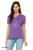 Minimalist face shirt exclamation mark realization design on women's v-neck purple shirt.