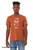 Pug lover t-shirt featuring playful pug character and I Speak Pug text on model wearing heather autumn unisex tee.