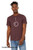 Minimalist face shirt exclamation mark realization design on men's heather maroon shirt.