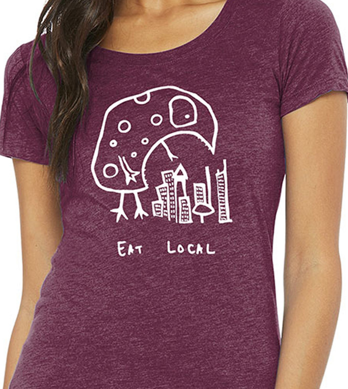 Close up of  Eat Local monster women’s fitted tri blend tee.
