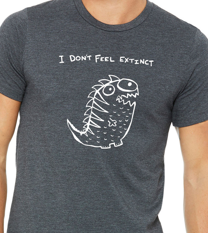 Close-up of cartoon dinosaur illustration with humorous extinction text.