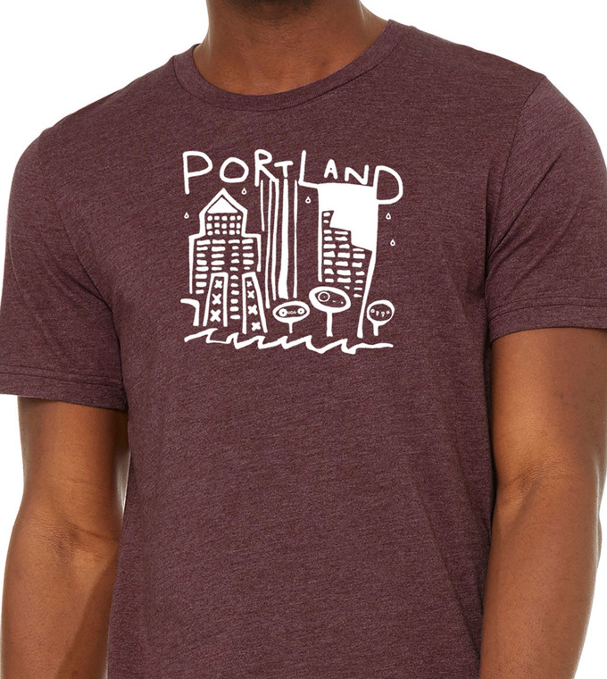 Close up of Portland Oregon skyline t shirt hand drawn pdx graphic tee minimalist city design.