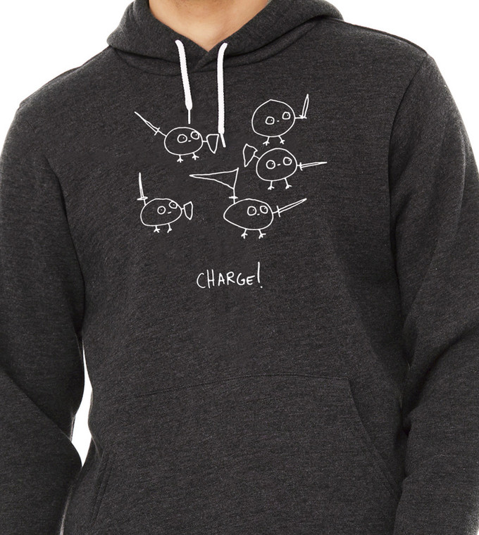 Close up of funny charge hoodie minimalist science nerd graphic with cute characters
