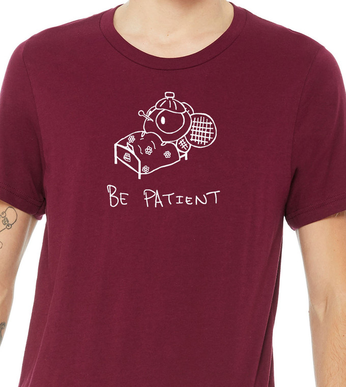 Close up of be patient bee t shirt funny nurse gift sick bee with thermometer healthcare humor tee.