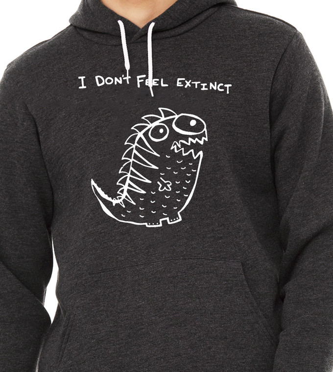 Close-up of cartoon dinosaur illustration with humorous extinction text.