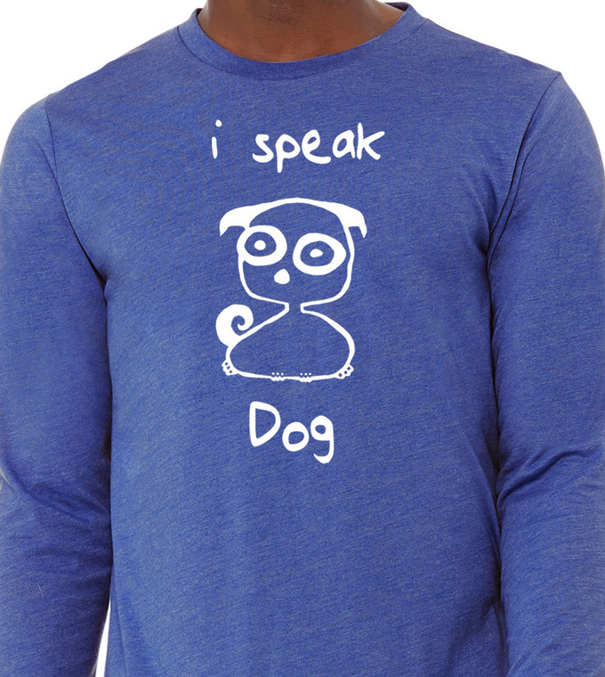 Close-up of cartoon dog illustration with the phrase I Speak Dog.