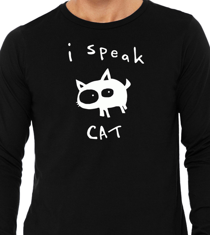 Close up of model wearing funny "I Speak Cat" long sleeve unisex black tee.