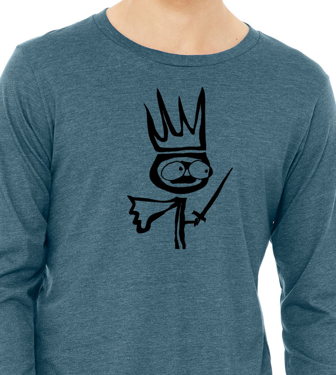 Close up of reluctant king t shirt minimalist fantasy character with crown and sword graphic long sleeve tee.