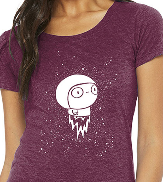Close up of drift t shirt minimalist astronaut floating in space stars calm graphic tee.